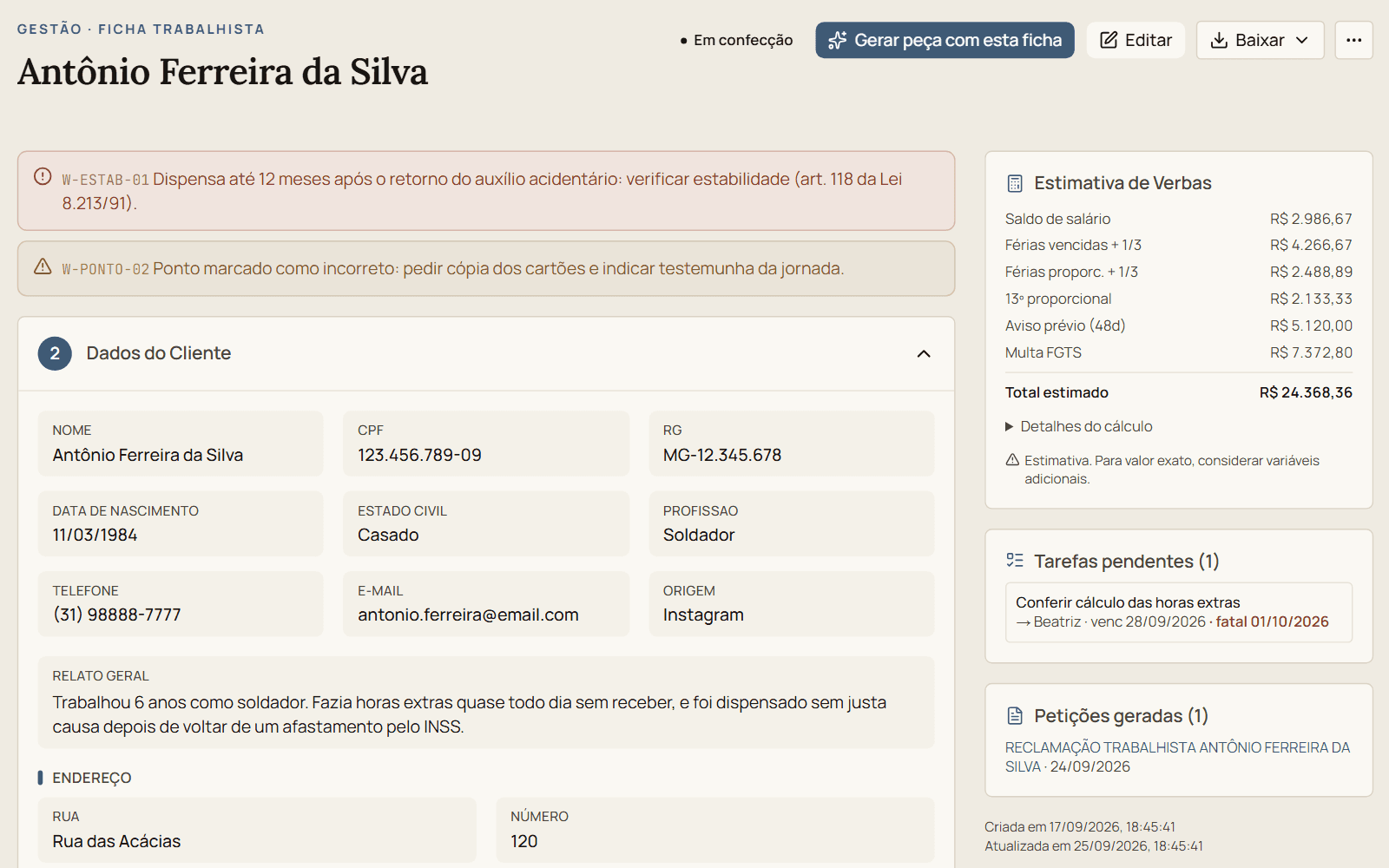 Ficha trabalhista do cliente com alertas de estabilidade e ponto, dados do cliente, estimativa de verbas e o botão para gerar a peça a partir da ficha.